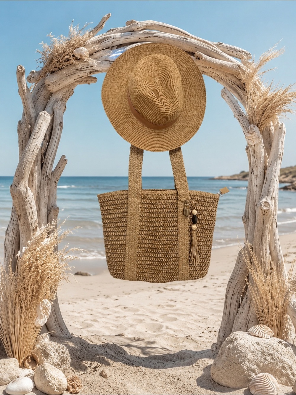 🆕Set 🌊Woven Straw Tote Bag with  matching Fedora Tassel - Natural
